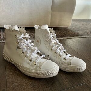 Converse White Scalloped High-Tops with Gold Accents